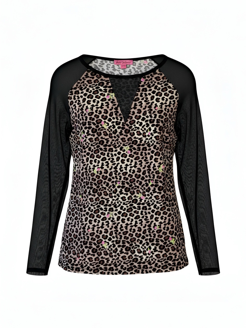 Betsey Johnson Black Mesh Sleeve Leopard Print V-Notch Top